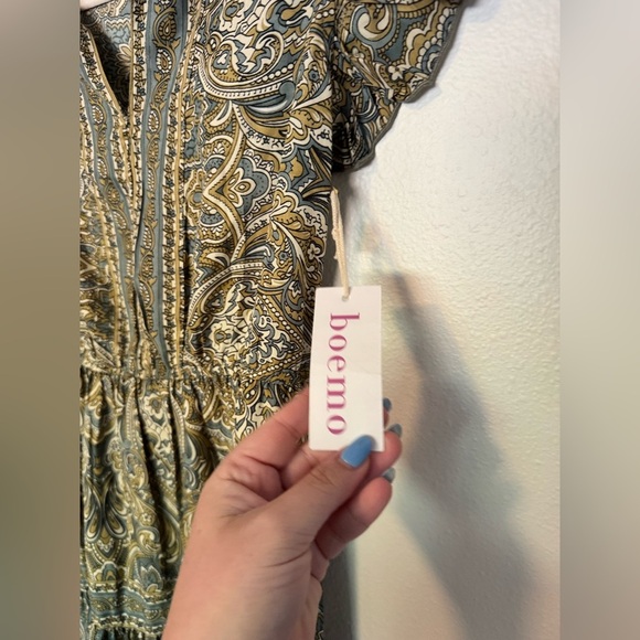 NEW Boemo Anthropologie Paisley Green Ruffle Maxi Dress Tiered Medium NWT - Picture 5 of 7